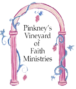 logo for Pinkeyns Vineyard of Faith Ministries: Pink Roman arch with grapevines